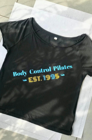 Women's organic cotton pilates flashdance t-shirt with wide boat neck in [colour] — ILU Fitwear

