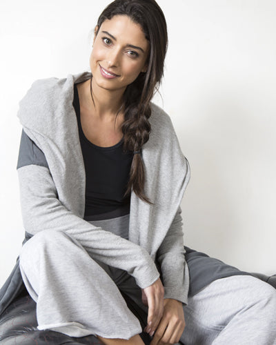 hooded Hygge Cardi on model sat comfortably