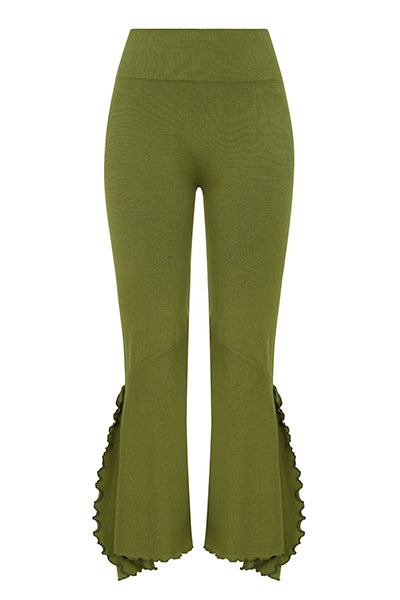 ILU Go with the Flow Leggings front view. High waisted, seamless, flared, lower leg split 