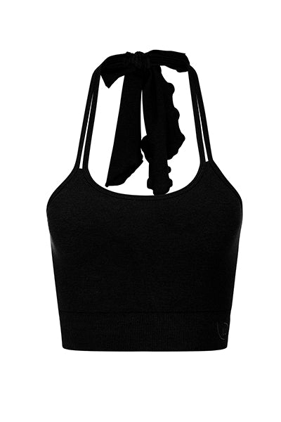 ILU Go with the Flow Crop front view. Longer length, halter neck with adjustable ties.  Seamless, low impact. Removable pads 