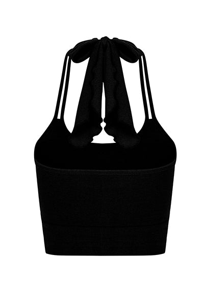 ILU Go with the Flow Crop back view. Longer length, halter neck with adjustable ties.  Seamless, low impact. Removable pads 
