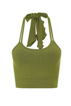 ILU Go with the Flow Crop front view. Longer length, halter neck with adjustable ties.  Seamless, low impact. Removable pads 