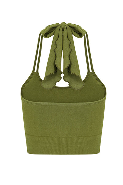 ILU Go with the Flow Crop back view. Longer length, halter neck with adjustable ties.  Seamless, low impact. Removable pads 