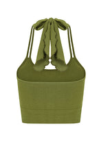 ILU Go with the Flow Crop back view. Longer length, halter neck with adjustable ties.  Seamless, low impact. Removable pads 