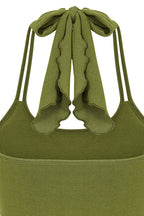 ILU Go with the Flow Crop  back view close up showing long halter ties. Natural fibres,  seamless, removeable pads.   