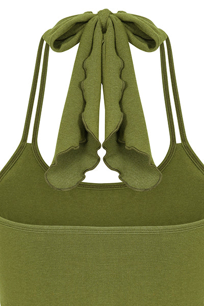 ILU Go with the Flow Crop  back view close up showing long halter ties. Natural fibres,  seamless, removeable pads.   