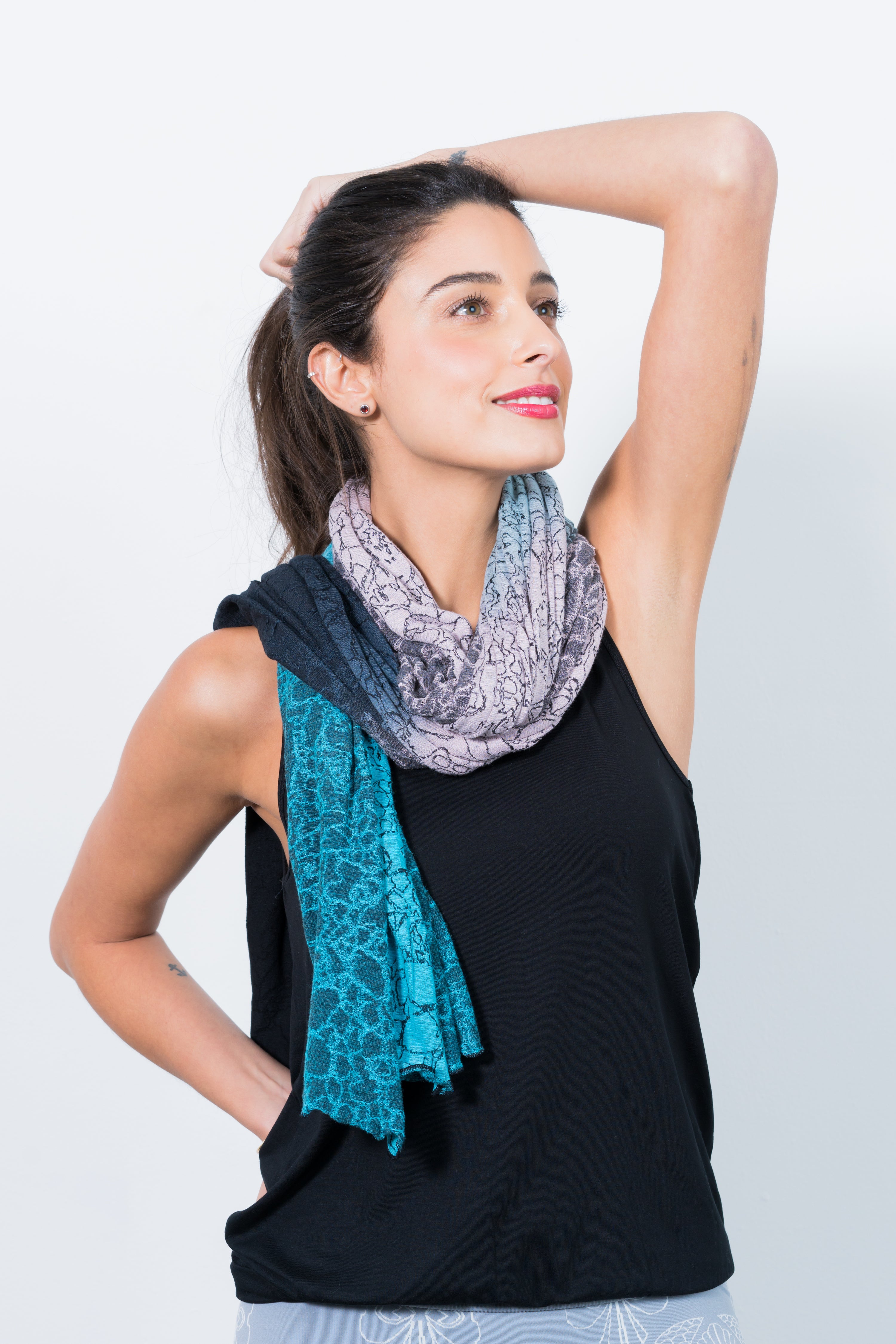 chic calm scarf on model black top