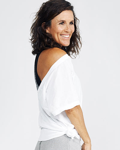 model wearing  Super modern Mesh Top showing shoulder