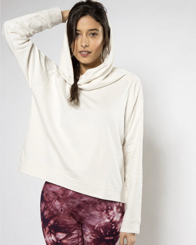 model wearing Oversized Dance Sweat with hood up