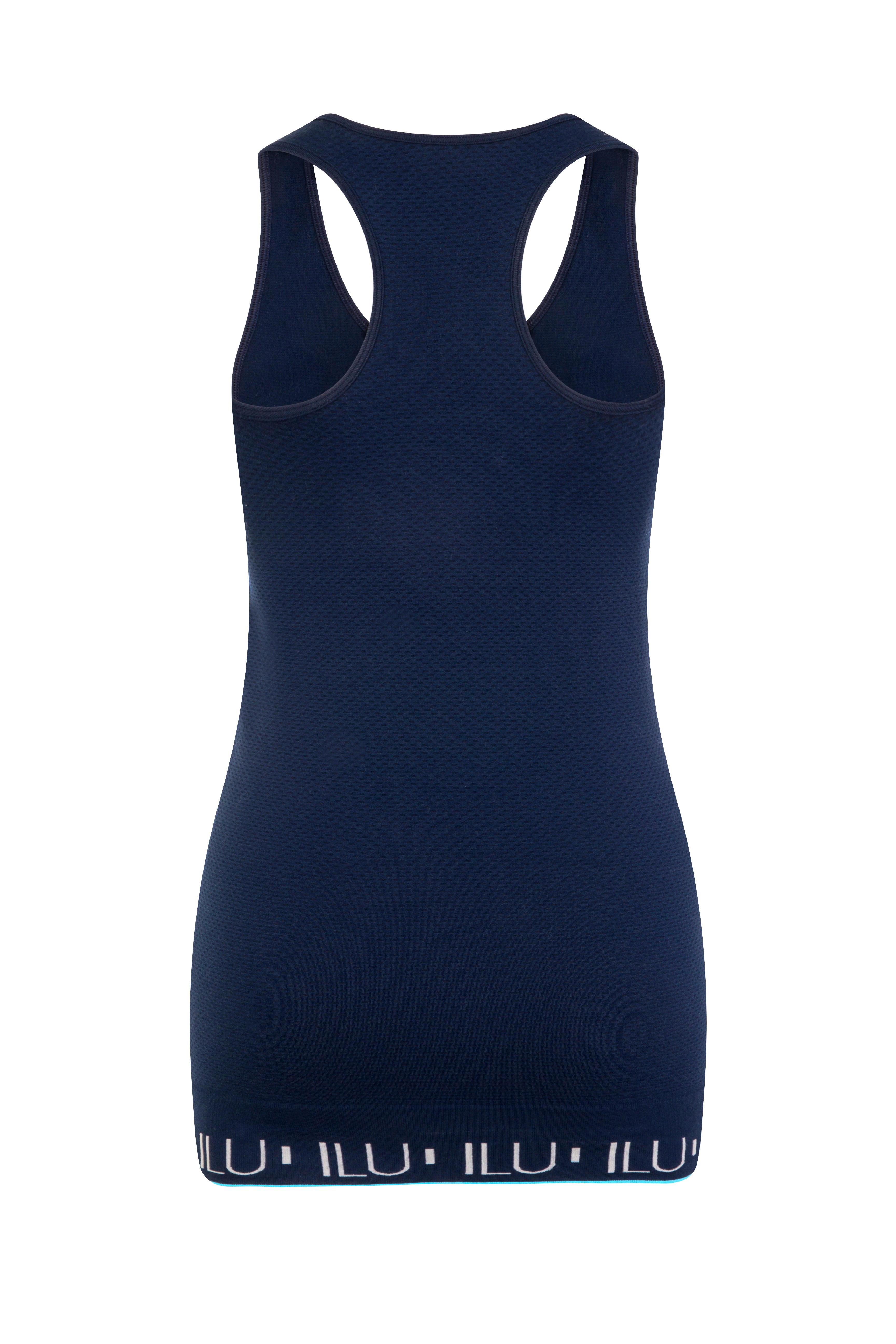 Motivate Me Vest front detail showing seamless construction and navy fabric — ILU Fitwear
